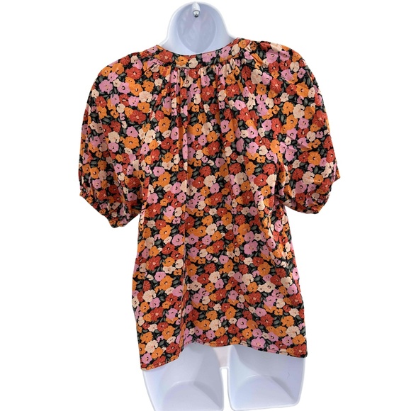 LOFT Brown Floral Puff Sleeve Peasant Blouse Keyhole With Tie Petite Medium - Picture 5 of 7